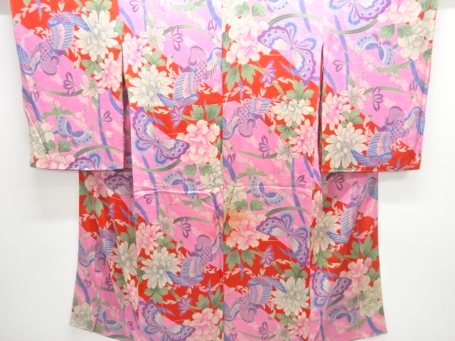 JAPANESE KIMONO / ANTIQUE NISHIKI KIMONO FOR SUMMER BUTTERFLY / FLOWER